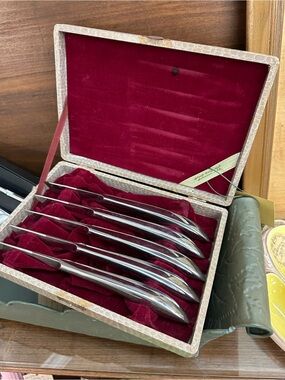 Vintage Mid Century Modern Stainless Steel Steak Knife Set w/ Original Case